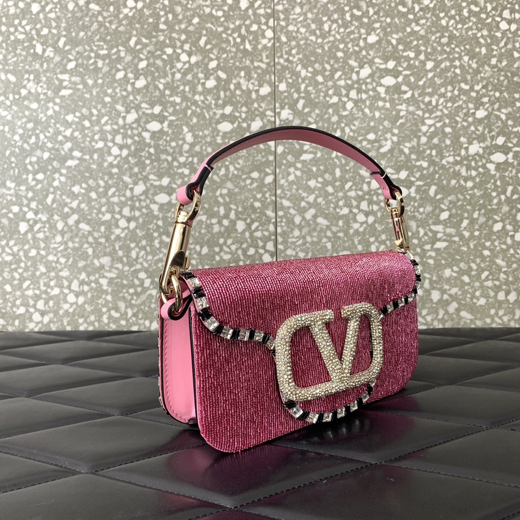 Valentino Garavani Loco Small Shoulder Bag in Rose Pink Embroidered With Leather 